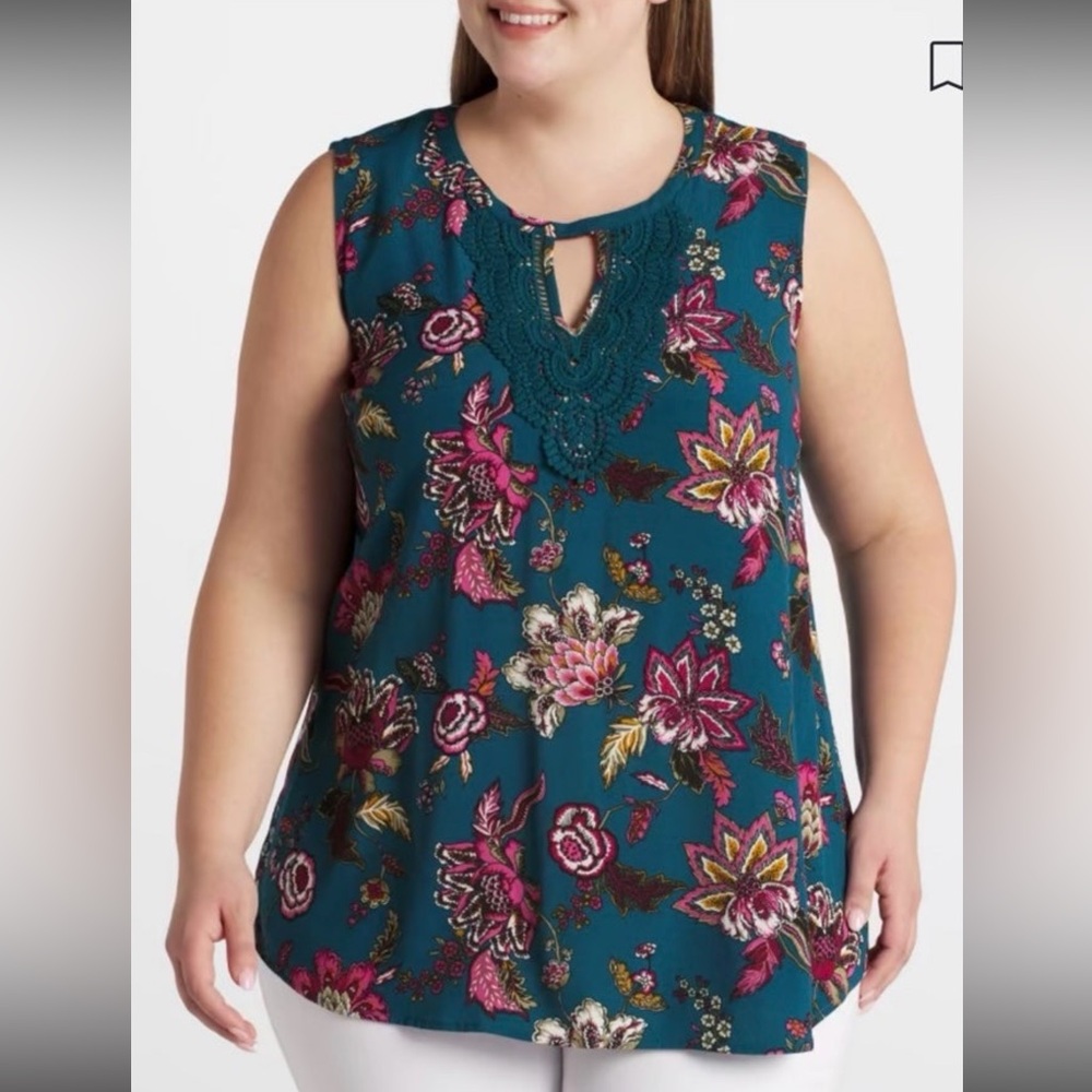 Daniel Rainn Quinn Sleeveless Keyhole Crochet Blouse, 2X, teal green